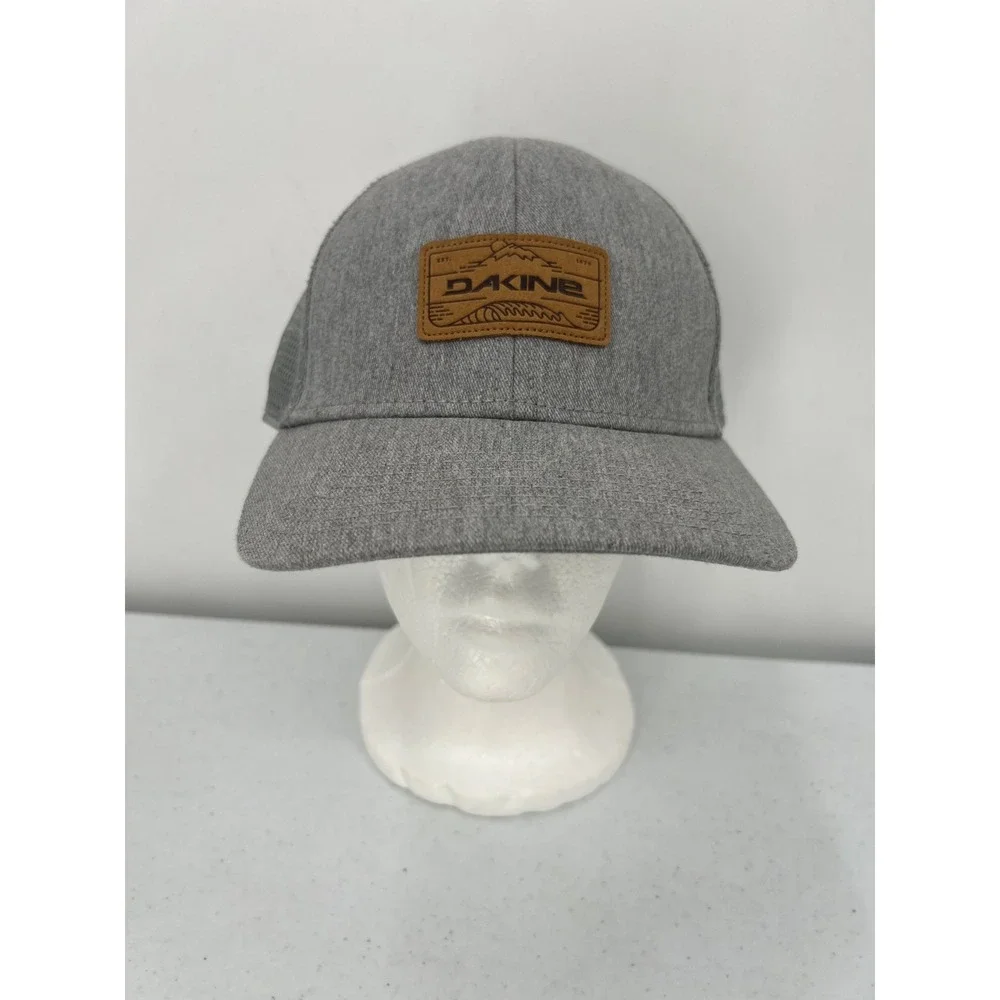 Dakine Mens Heather Grey Mesh Back Trucker Hat Faux Leather Patch Snapback Cap